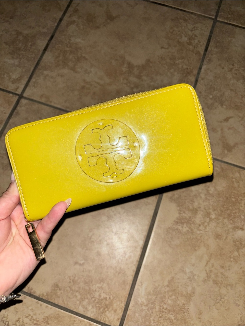Tory Burch lime green Patent Zip Around Wallet